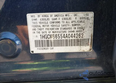 2004 Honda Accord 3.0 Ex z USA, uszkodzony, nr VIN 1HGCM66554A044262